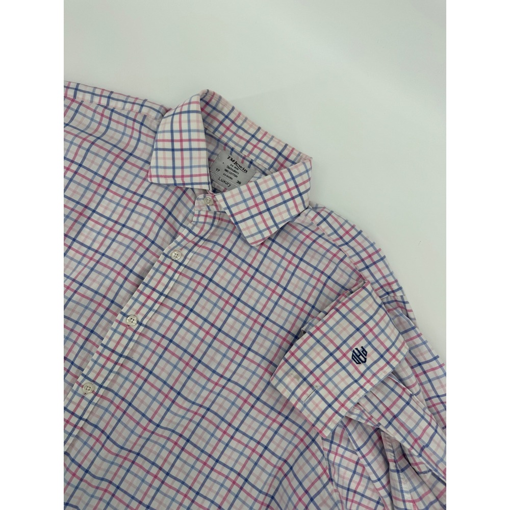 TM Lewin Luxury Shirt Mens 17 French Cuff Check Plaid‎ Long Sleeve Button Up